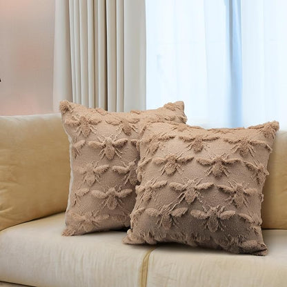 2 Pcs Bee Throw Pillow Covers 8 x 18 Inches Brown Bee Farmhouse Decorative Pillow Covers Soft Plush Faux Fur Wool Pillowcase for Sofa Bed