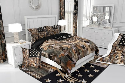 Feelyou Deer Hunting Comforter,Hunter Bedding Set Camo American Flag Comforter King Size for Bedroom Decor,Deer Comforter Set for Boys Teens Girls,King Comforter Set with 2 Pillowcase
