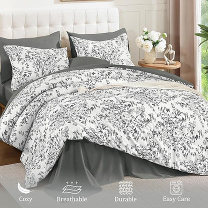 WONGS BEDDING Queen Size Comforter Set, 8 Pieces Grey Floral Bed in a Bag Comferter Sets, Botanical Print Soft Fluffy Microfiber Complete Bedding Sets for All Season (90"x90")
