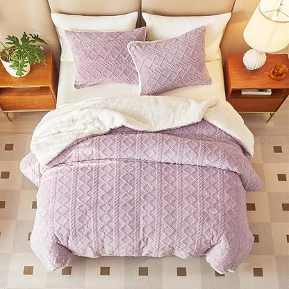 Joyreap 3-Piece Fluffy Faux Fur Sherpa Comforter Set Purple, King Size Luxury Tufted Bedding Comforter Set, All Season Soft n Cozy Plush Comforter Bed Set- 100x88 inches