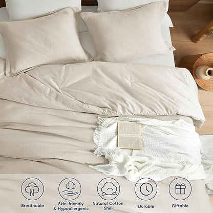 PHF Cotton Muslin Comforter Set Queen Size, Ultra Soft, Breathable & Lightweight All-Season Bedding, Filling: 100% Polyester, 3 Pieces with 1 Comforter 90"x90" and 2 Pillow Shams 20"x26", Natural