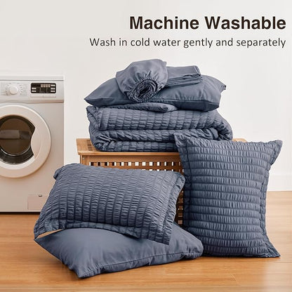 Love's cabin Seersucker Navy Blue King Size Comforter Set, 7-Piece All Season Lightweight Bed in a Bag Bedding Set with Comforter, Flat Sheet, Fitted Sheet, Pillowcases and Shams | Soft, Breathable, Lightweight