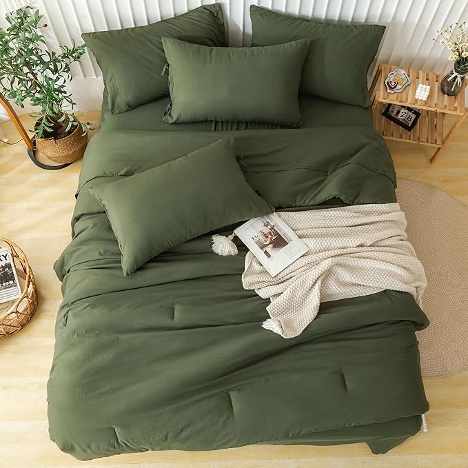 COTTEBED Ultra-Soft TWIN XL Comforter Set with Sheets - 5 Piece Bed in a Bag Blanket Comforter Fitted Sheet Set, Lightweight Boho Polycotton for Teen Boy Girls College Dorm All Season Dark Olive Green