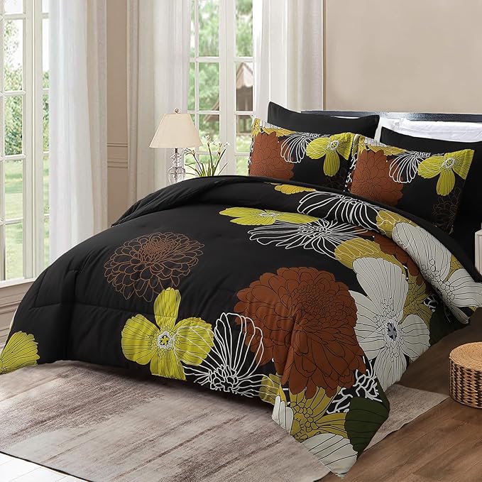 Yiran 7 Pieces Boho Floral Comforter Sets Black Brown Yellow Lightweight Comforter Bed in a Bag Flowers Microfiber Bedding Set for All Season,Queen Size 90''x90''