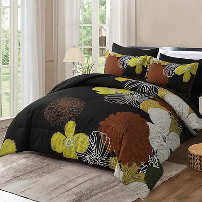 Yiran 7 Pieces Boho Floral Comforter Sets Black Brown Yellow Lightweight Comforter Bed in a Bag Flowers Microfiber Bedding Set for All Season,Queen Size 90''x90''
