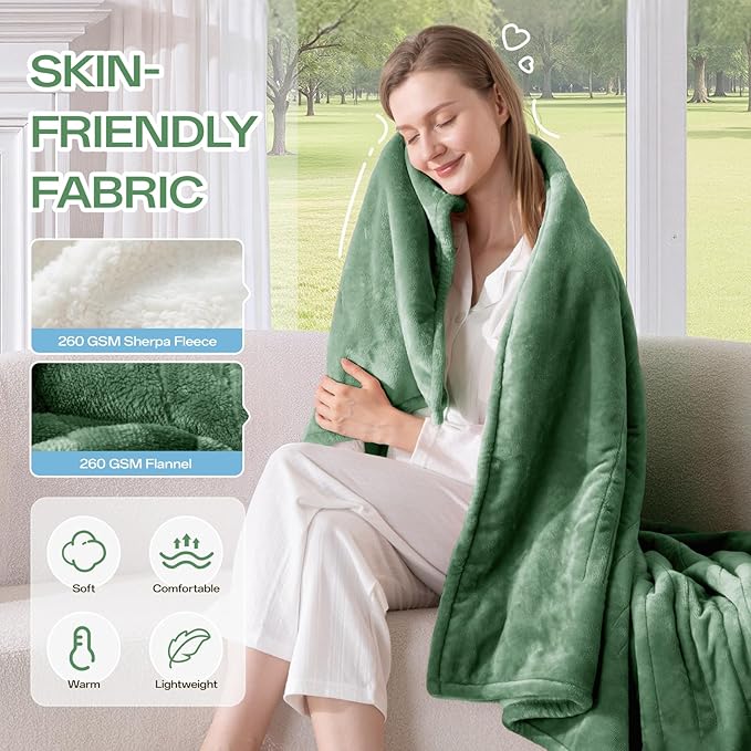 Electric Heated Blanket Queen Size, Dual Control Fast Heating Sherpa Blanket, 8 Heating Levels & 10 Hours Auto Off, Machine Washable with ETL & FCC Certified, Green