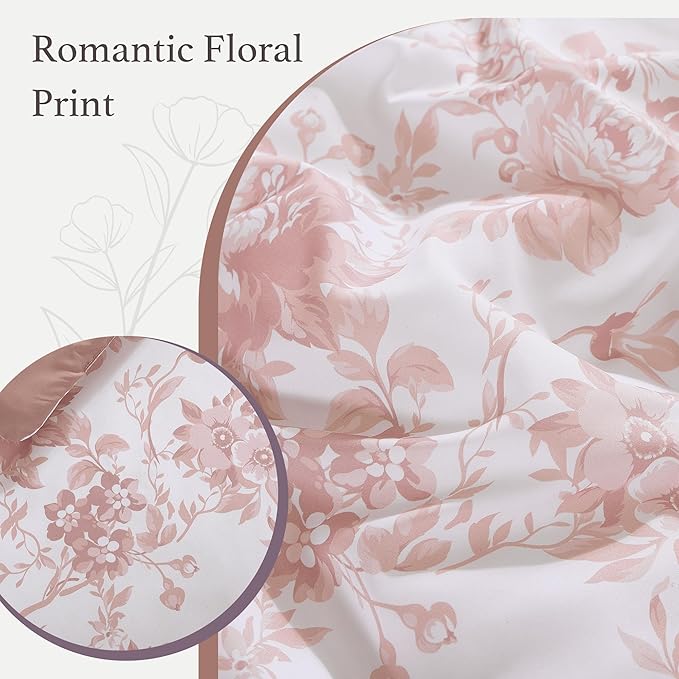 Twin XL Comforter Set -5 Pieces Floral Rose Bedding Set for All Seasons, Bed in a Bag with Botanical Flowers Comforter, Sheets, Pillowcase & Sham