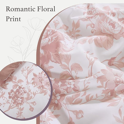 Twin XL Comforter Set -5 Pieces Floral Rose Bedding Set for All Seasons, Bed in a Bag with Botanical Flowers Comforter, Sheets, Pillowcase & Sham