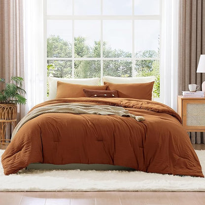 WRENSONGE Full Size Comforter Sets - 3 Pieces Prewashed Burnt Orange Comforter Soft Lightweight for All Seasons, Fluffy Down Alternative Comforter Full Size with 2 Pillow Shams