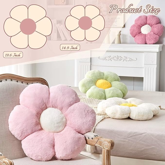 Flower Pillow Cute Decorative Throw Pillow with Faux Rabbit Fur Soft Daisy Plush Floor Cushion Aesthetic Flower Shaped Pillow Home Decor for Bed Sofa Couch (Royal Blue, 14.9 Inch)