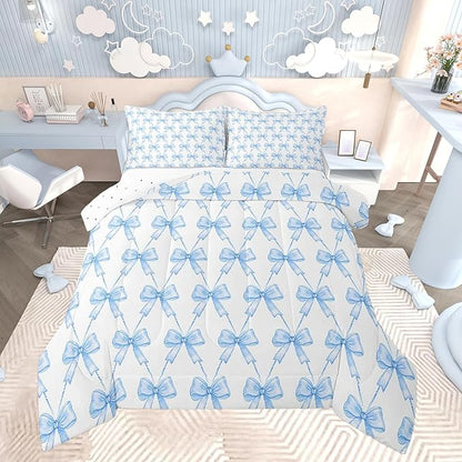 Feelyou Blue Bow Comforter Set Queen Size Cute Bowknot Bedding Set Boys Girls Kawaii Comforter for Kids Women Men Bow and Stripes Duvet Set 3Pcs