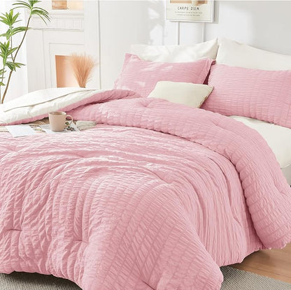 HYMOKEGE Pink/Ivory Full Size Comforter Sets Seersucker 7 Pieces, All Season Luxury Bed in a Bag for Bedroom, Bedding Set with Comforter, Sheets, Pillowcases & Shams