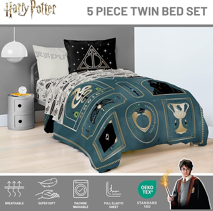 Jay Franco Kids Comforter Set Includes Sheets and Pillow Covers - Soft and Cozy Bed Set for Stylish Room Decor, Blue - Harry Potter, 5 Piece Twin Size Bedding
