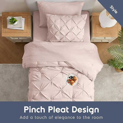 Nestl Twin XL Comforter Set 5 Piece - Pintuck Twin XL Bedding Set Blush Pink, College Dorm Room Essentials Bed in a Bag, Twin XL Comforter Set for College Girls & Boys with Sheets, Pillowcase and Sham
