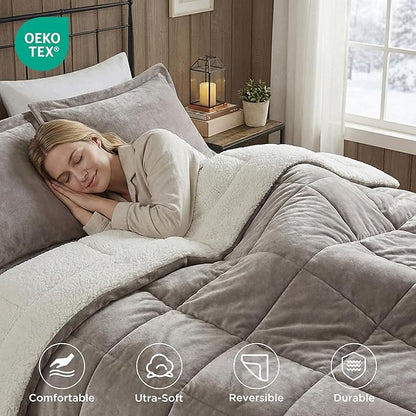 Woolrich Reversible Comforter Set Ultra Soft Plush to Sherpa, Down Alternative, Cold Weather Winter Warm Bedding, with Matching Sham, Decorative Pillow Grey/Ivory King 3 Piece