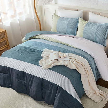 WONGS BEDDING Comforter Set King Size, Blue Striped Patchwork Comforter for King Bed,3 Pieces (1 Comforter+2 Pillowcases) Soft Microfiber Bedding Set for All Season (104"x90")