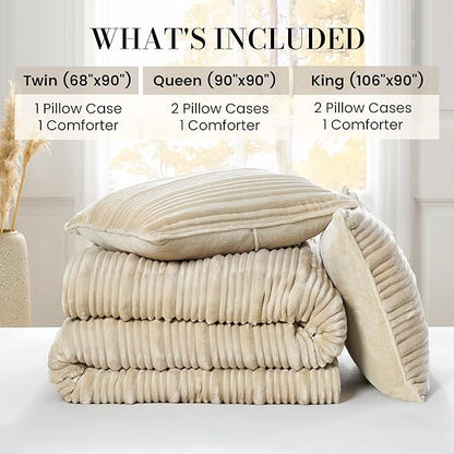 Amélie Home High-End Fleece Queen Comforter Set,Cozy Warm Striped Plush Bedding Set for Winter, 3 Pieces, 1 Cozy Comforter with 2 Pillowcases, Beige, 90"x90"