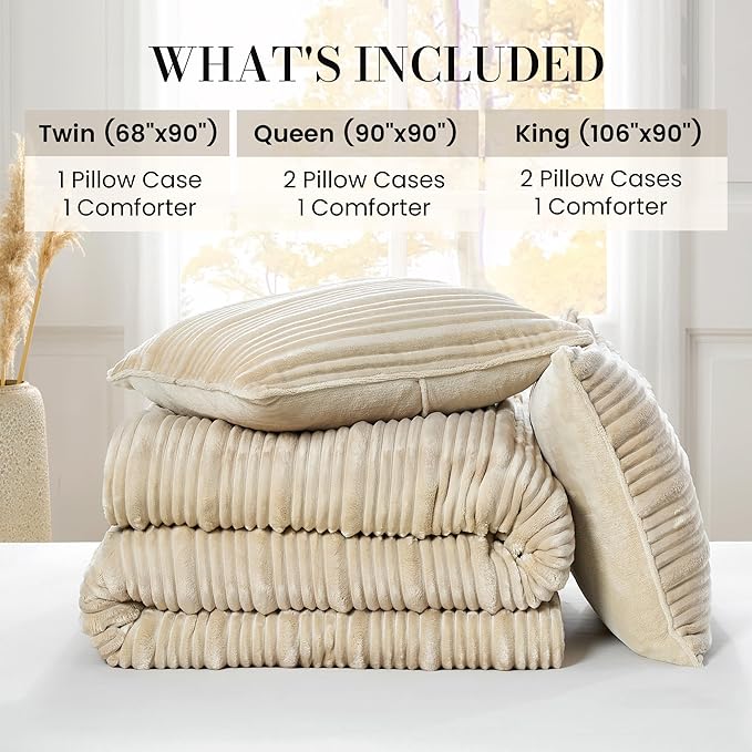 Amélie Home High-End Fleece Twin Comforter Set,Cozy Warm Striped Plush Bedding Set for Winter, 3 Pieces, 1 Cozy Comforter with 2 Pillowcases, Beige, 68"x90"