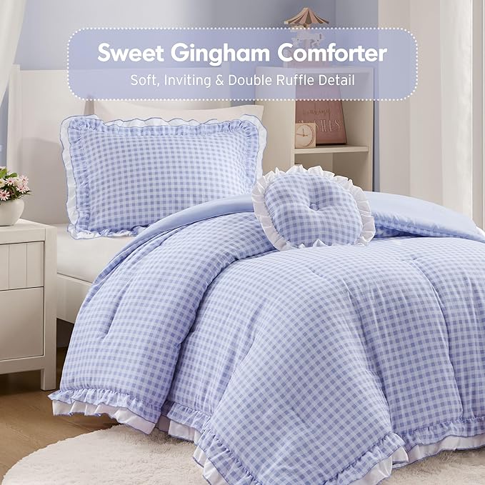 Intelligent Design Rowena Twin Comforter Set – Blue Gingham Ruffled Bedding, Vintage Farmhouse Style, Reversible All Season 3-Piece Bedding Set, Twin/Twin XL, Gift for Her