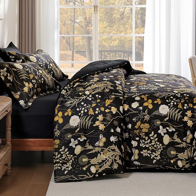 Yiran Queen Comforter Set, 7 Pieces Black Floral Soft Bedding Sets, Queen Bed in a Bag with Brown Botanical Flowers Winter Comforter, Sheets, Pillowcases & Shams