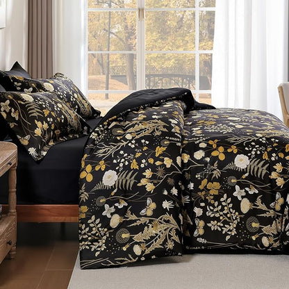 Yiran Queen Comforter Set, 7 Pieces Black Floral Soft Bedding Sets, Queen Bed in a Bag with Brown Botanical Flowers Winter Comforter, Sheets, Pillowcases & Shams