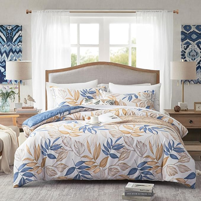 Blue Botanical Cotton Comforter King Size - 3PC Lightweight Bedding Sets with Ultra-Soft Alternative Fill, Reversible Design with Leaf Pattern, Dark Blue & White (1 Comforter, 2 Pillowshams)