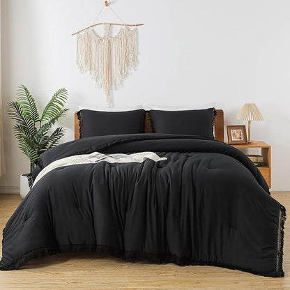 Andency Black Comforter Set Full Size, 3 Pieces Boho Tassel Lightweight Bedding Comforter Sets, All Season Soft Fluffy Fringe Bed Set (79x90In Comforter & 2 Pillowcases)