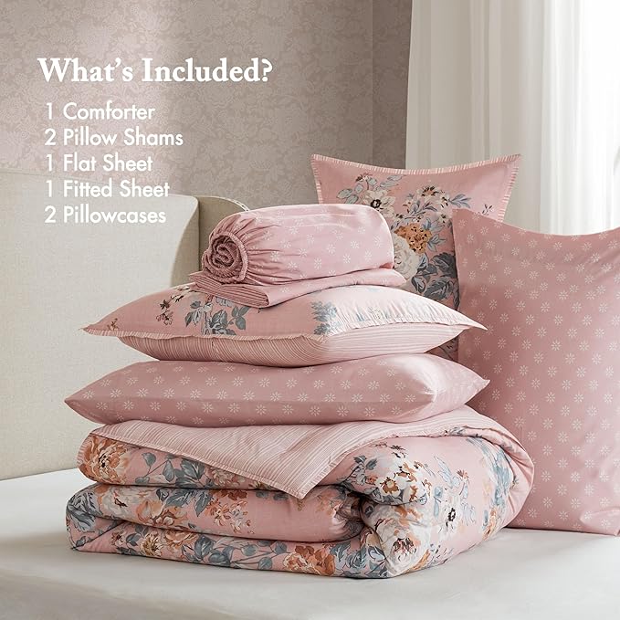 Madison Park Essentials Floral Comforter Set Cal King Size, Vintage Flower Bedding Set with Sheet Set, 7 Pieces Bed in a Bag with Reversible Botanical Comforter and Pillowcases & Shams, Heather, Pink