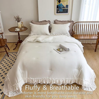 AIKASY White Comforters King Size Set, Vintage Boho Chic Farmhouse Bedding Sets Shabby Ruffle Queen Bed Comforter Bedding 3PCS（1 Comforter and 2 Pillowcases）