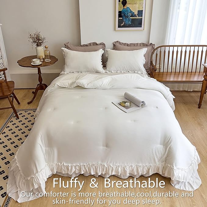 AIKASY White Comforters Twin Size Set, Vintage Boho Chic Farmhouse Bedding Sets Shabby Ruffle Queen Bed Comforter Bedding 3PCS（1 Comforter and 2 Pillowcases）