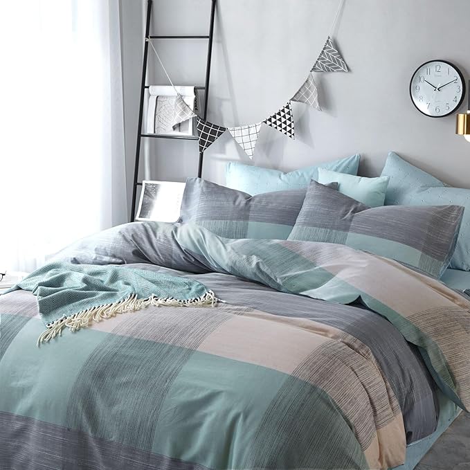 mixinni Simple Patchwork Print Comforter Set Queen Size Bed Fluffy Blue Mint Green Geometric Pattern Comforter for Boys Women and Men, 1 Modern Comforter and 2 Pillowcases for All Season-Queen Size