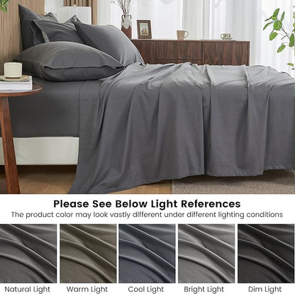 Simple&Opulence Belgian Linen Sheet Set Solid Color - 6 Pieces (1 Flat Sheet & 1 Fitted Sheet & 4 Pillowcases) 16" Deep Pocket Natural Flax Cotton Blended Soft Bedding - Dark Grey, King Size
