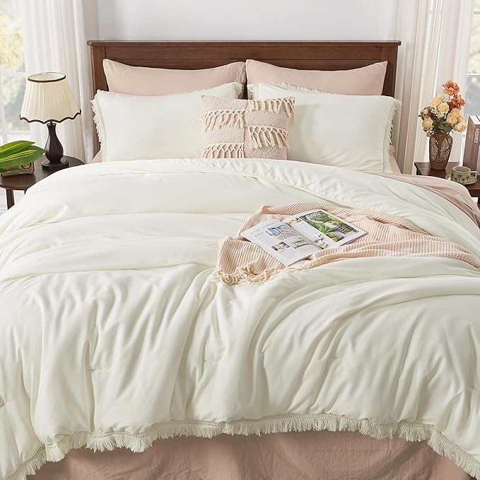 Andency Queen Comforter Set Ivory, 3 Pieces Boho Ivory Tassel Lightweight Bedding Comforter Sets, All Season Soft Bed Set (90x90In Comforter & 2 Pillowcases)
