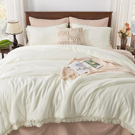 Andency California King Comforter Set Ivory - 3 Pieces Cal King Boho Ivory Lightweight Bedding Comforter Sets, Oversized All Season Soft Bed Set (104x96In Comforter & 2 Pillowcases)