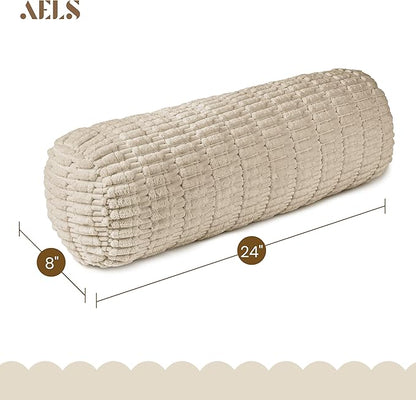 AELS Corduroy Striped Cylinder Pillows, 8" x 24" Decorative Bolster Pillows with Removable Washable Cover and Insert, Body Pillow for Couch and Bed, Living Room Bedroom Nursery Decor, Sand
