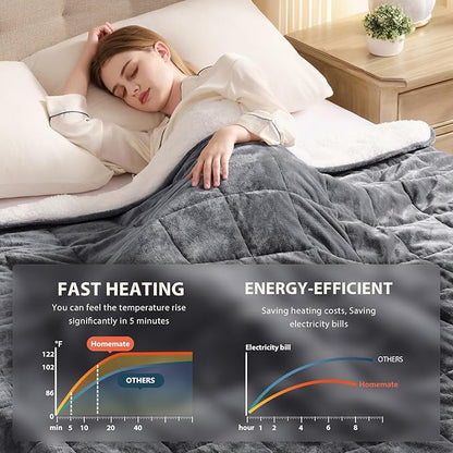 Homemate Heated Weighted Blanket for Adults - 50"x60" 10lbs Electric Throw Fast Heating Heavy Blanket 1/2/4/6/8 Hour Auto Off 10 Heat Levels Over-Heat Protection Soft Flannel Sherpa