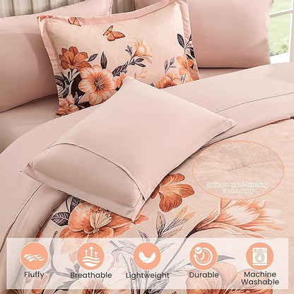 Floral King Size Comforter Set,7 Piece Orange Bed in a Bag, Elegant Flower Pattern Comforter Set with Sheet, Soft Microfiber Complete Bedding Sets for All Season