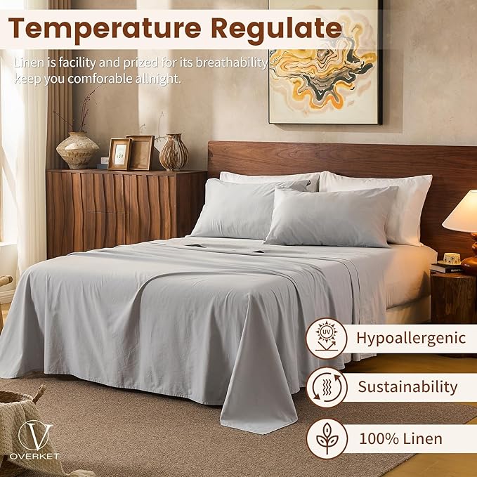 100% Linen Sheets California King Size,Breathable & Durable 4-Piece Bed Flax Sheet Set,Soft All-Season Bedding for Hot Sleepers 16" Deep Pocket Oeko-TEX Certified,（Cal King, Grey）
