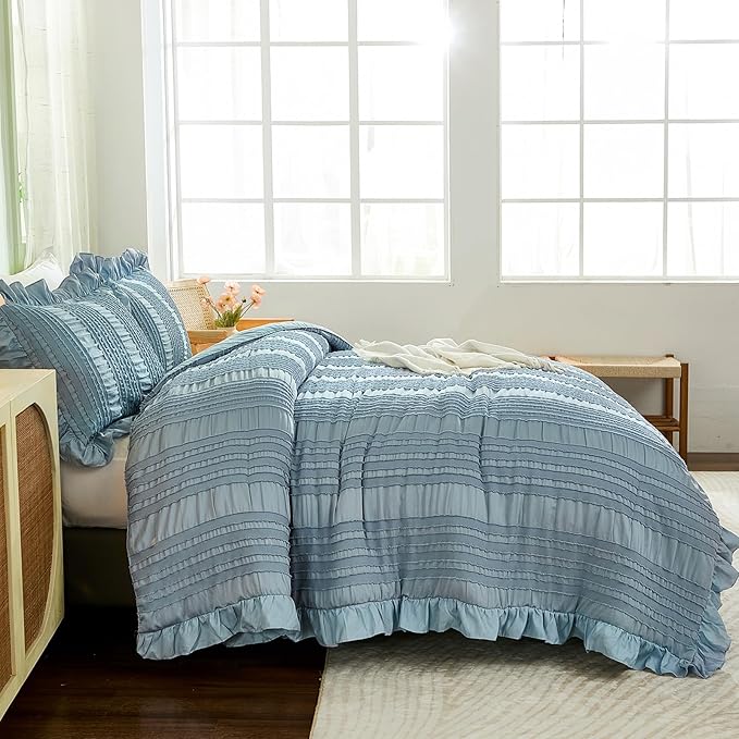 WONGS BEDDING Blue Comforter Set King,3 Pieces Ruffle Farmhouse Shabby Chic Boho Comforter for King Bed,Soft Textured Bedding Set with 1 Ruffle Comforter,2 Tufted Pillowcases 104"×90"