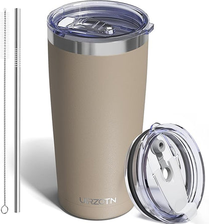 Travel Coffee Tumbler 20oz, Leakproof Travel Coffee Mug with Dual Lids and Straw, Stainless Steel Double Wall Vacuum Insulated Tumbler for Hot/Iced Drinks (Brown, Textured Matte)