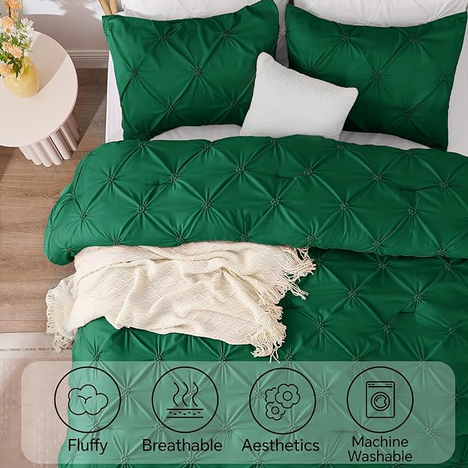 BEDELITE Forest Green Twin Comforter Set - 2 Peices Boho Pintuck Bedding Comforter Sets, Lightweight Soft & Warm Twin Bedding Sets with 1 Pillowcase for All Season