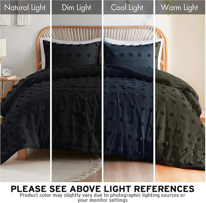 Intelligent Design King Comforter Set, Clipped Jacquard Comforter Set Chic Pompom Accent, All Seasons Lightweight & Fluffy Comforter Bed Set with 2 Shams, Lucy, King/Cal King, Black 3 Piece