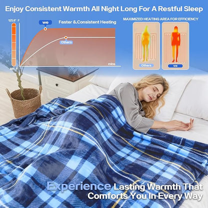 Electric Blanket Heated King, Soft Flannel 100"x90" Plaid Heating Blanket with 8 Hours Auto Off 10 Fast Heating Levels Machine Washable Sherpa Heated Blanket with Overheating Protection