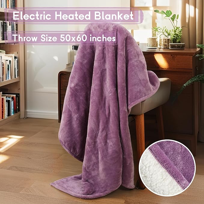 Heated Blanket Electric Throw Size 50''x60'' with 5 Heating Levels, 3 Hour Auto Shut Off, Machine Washable, Flannel & Sherpa Double-Sided Soft Warming Blanket for Couch, Bed, Office - Purple