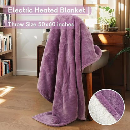 Heated Blanket Electric Throw Size 50''x60'' with 5 Heating Levels, 3 Hour Auto Shut Off, Machine Washable, Flannel & Sherpa Double-Sided Soft Warming Blanket for Couch, Bed, Office - Purple
