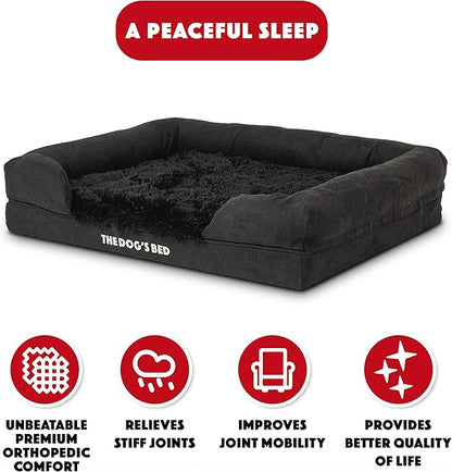 The Dog’s Bed Orthopedic Memory Foam Dog Bed with Bolsters, Fur Fabric, Black Fur, M
