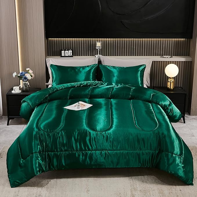 Bedding_Dreamer Satin Comforter Set King Size Silk Like Silky Down Comforter Luxury Hotel Silky Bed Home Deocr Blackish Green Bedding Set