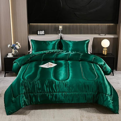 Bedding_Dreamer Satin Comforter Set King Size Silk Like Silky Down Comforter Luxury Hotel Silky Bed Home Deocr Blackish Green Bedding Set