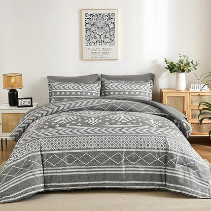 Yiran Boho Aztec Comforter Set King Size, Grey Comforter Bedding Set, 7 Piece Bed in a Bag, Soft Microfiber Bohemian Striped Complete Bedding Set with Sheets for All Season