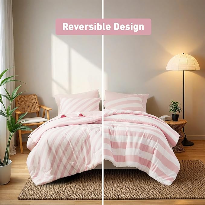 Reversible Striped King Comforter Set, Soft Microfiber Bedding Set with Double-Sided Stripes Design, Warm & Cozy for All-Seasons, 3-Piece Comforter and Shams Set King Size, Blush